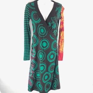 Desigual Green Black Orange Plunge Dress L